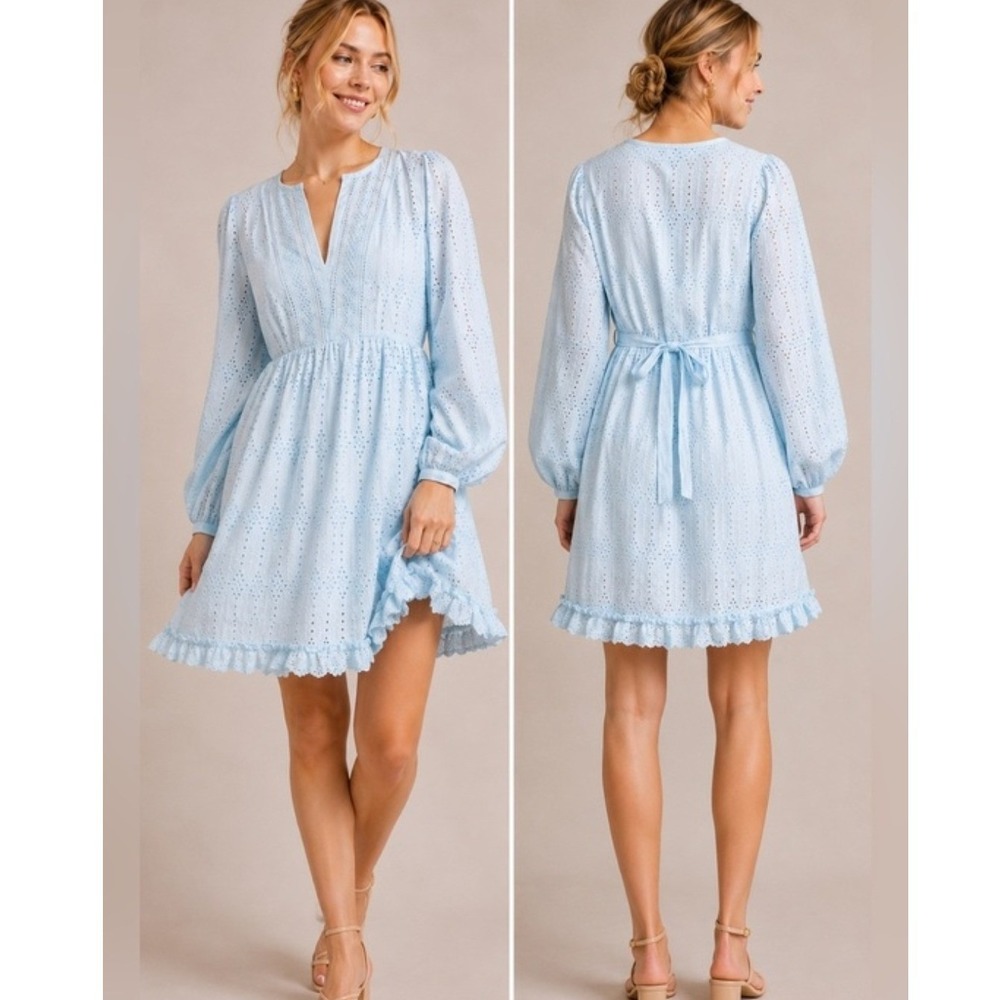 Anthropologie Light Blue Cotton Eyelet Ruffle Mini Dress Petite 2P Long Sleeve